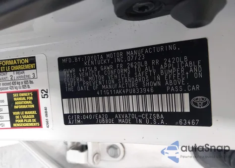 2023 Toyota Camry Se z USA, uszkodzony, nr VIN 4T1G11AK4PU833946